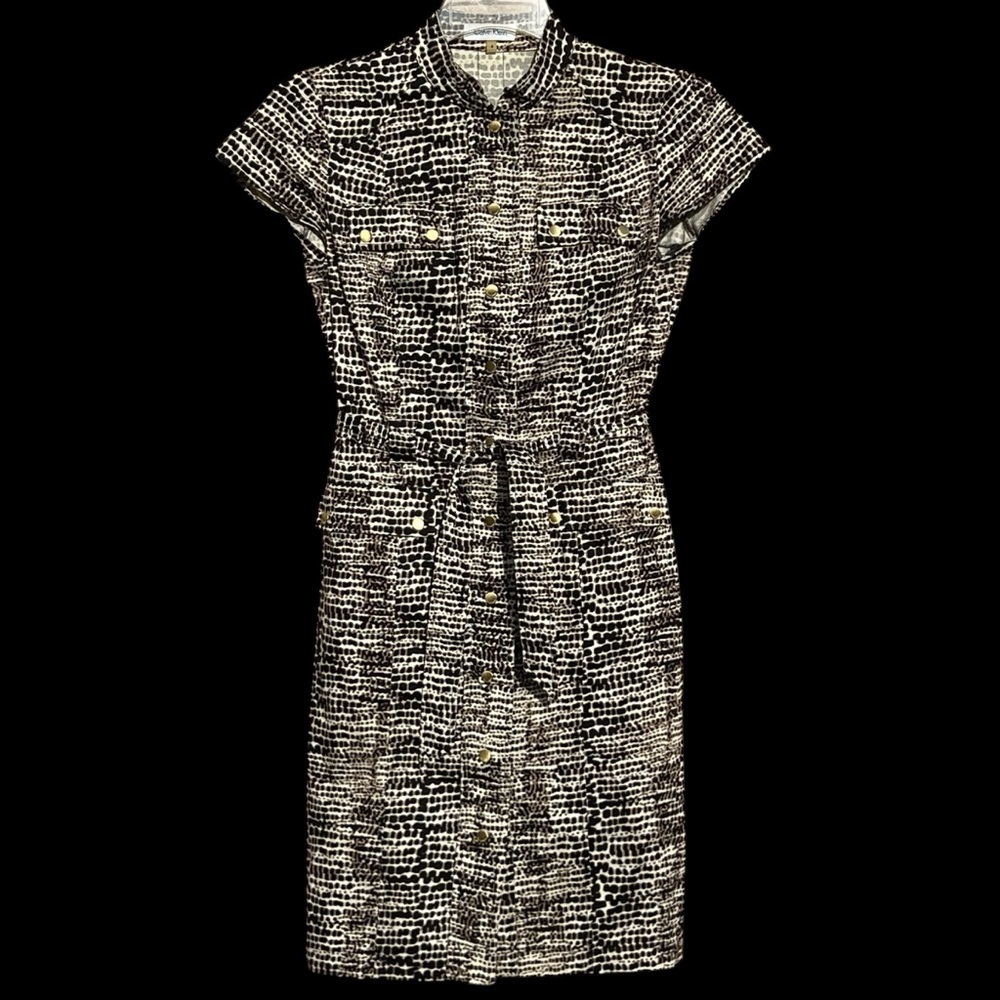 Calvin Klein black cream geo print shirt belted dress